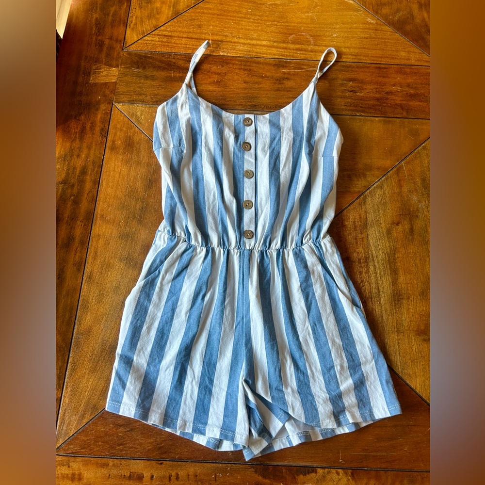 Blue and White Striped Summer Shorts Romper, size Small